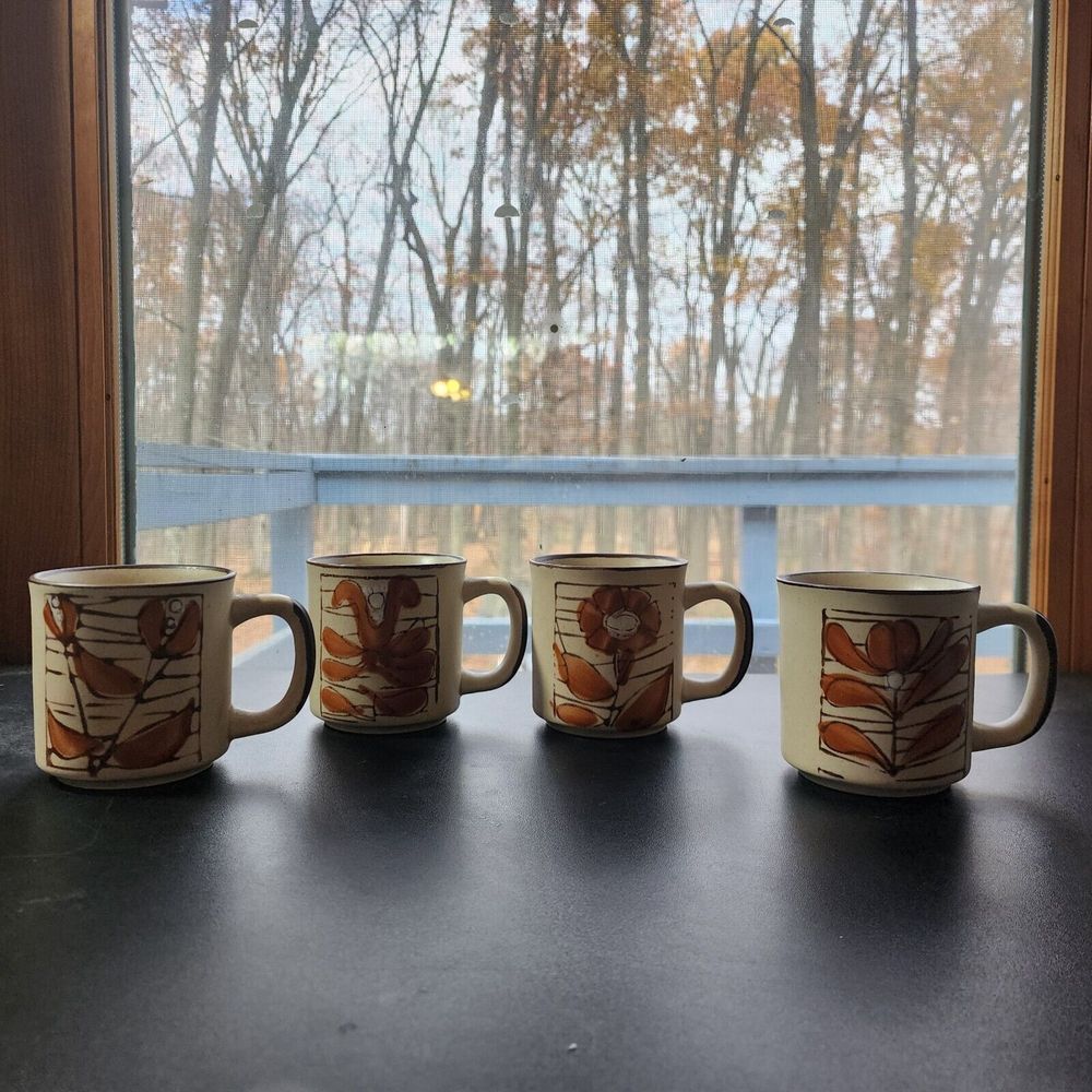 4 Vtg Mid Century Modern Floral Stoneware Made in Japan Otagiri-style Mug 8oz‎